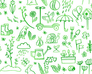 print, seamless pattern, set of green icons and symbols, spring, summer, vector illustration