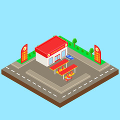 petrol station near the road with a small shop, parking, car. Isometric.