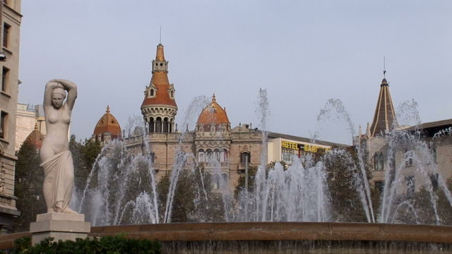 View of the Fountain in Placa de Catalunya, Barcelona, Spain