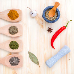 Food Cooking ingredients. Dried Spices herb bay leaves,turmeric,