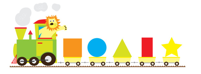 train with a lion and basic geometric shapes on white background / educational set of shape for children