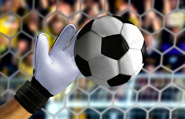 Goal keeper hand stopping a fast ball