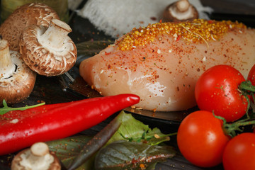 Raw chicken breast fillet with spices