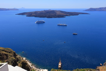 Beautiful view of the sea and islands. Santorini island, Greece.