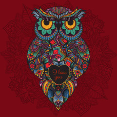  illustration of ornamental owl. Bird illustrated in tribal. Boho owl with love. Heart for Valentine day
