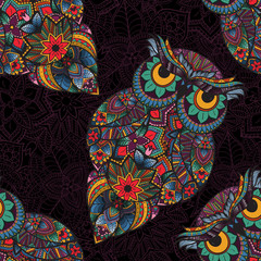  illustration of owl. Bird illustrated in tribal.Owl with flowers on dark background. 