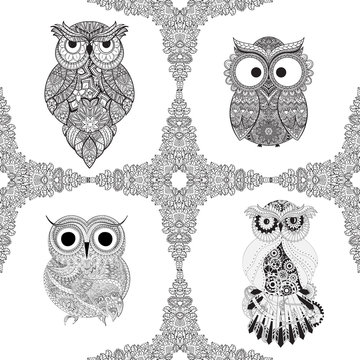Set from illustration of ornamental owls. Set of Bird illustrated in tribal. Isolated on white