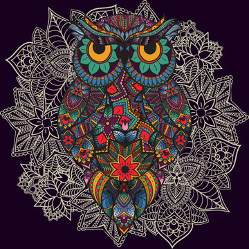  illustration of ornamental owl. Bird illustrated in tribal.