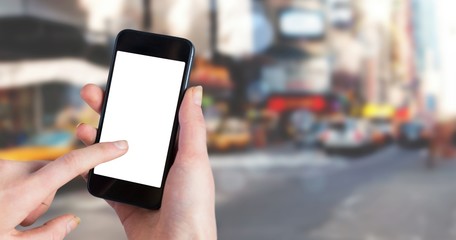 Composite image of woman using smartwatch and phone