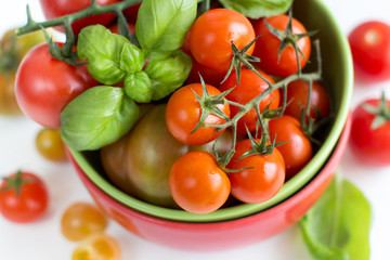 Cherry tomatoes and basil in bowl