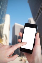 Composite image of woman using smartwatch and phone