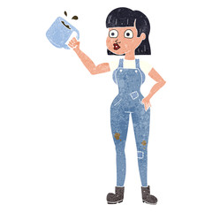 retro cartoon female worker with coffee mug