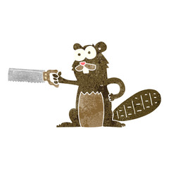retro cartoon beaver with saw