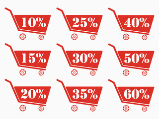 Shopping carts with a discount. Cart icon. Online shopping icon. The red shopping carts. From 10 to 60 percent discount. Vector illustration.