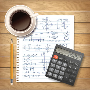 Illustration with math copybook paper, calculator and a cup of coffee