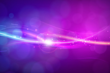 Abstract bokeh color glowing lines and dots with light effects.