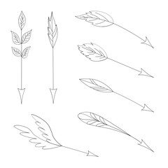 Hand drawing arrow set decorated feathers and leaves