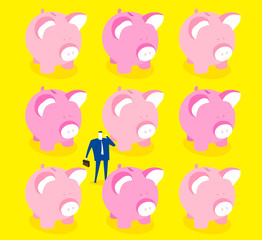 Lose oneself / A business man gets lost in piggy banks.