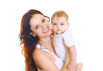 Portrait happy smiling mother with baby on a white background
