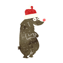 retro cartoon bear wearing christmas hat