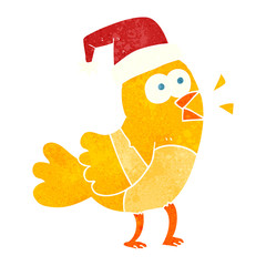 retro cartoon bird wearing christmas hat
