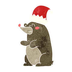 retro cartoon bear wearing christmas hat