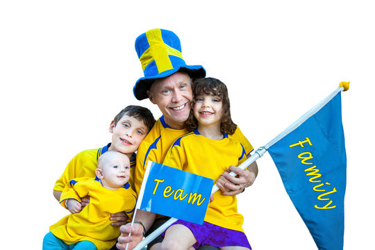 Happy family team portrait, flag and pennant with text. Isolated.
