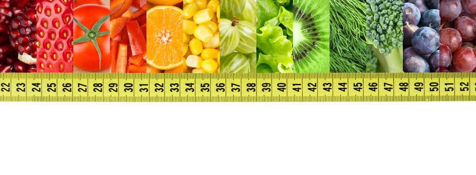 Fresh fruit and vegetable with measuring tape