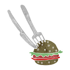 retro cartoon knife and fork in burger
