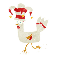 retro cartoon chicken running in funny hat