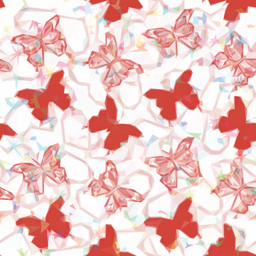 Background with Red Colorful Butterflies Silhouettes, Low Poly Pattern. Vector