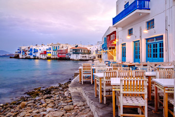 Beautiful sunrise at Little Venice on Mykonos island, Greece - obrazy, fototapety, plakaty