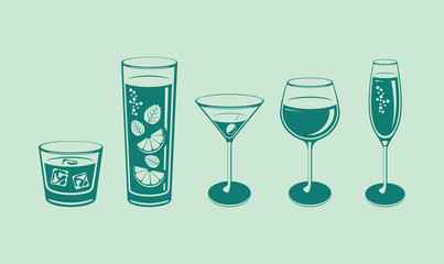 Various glasses and drinks. Blue theme. Champagne. Wine. Cocktail. Whiskey. Simple vector illustration.