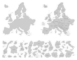 Europa detaillierte Karten - Vektor in Grau (beschriftet) - obrazy, fototapety, plakaty