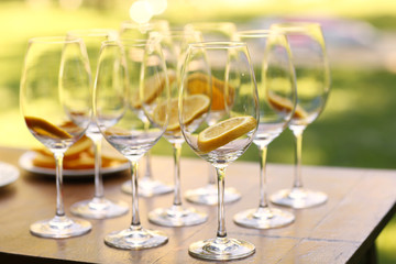 Empty wine glasses on a table