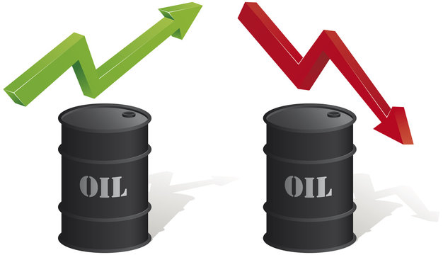 Oil Rises, Lower Oil. Oil barrel with two arrows: one green and one red.