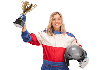 Female car racing champion holding a trophy