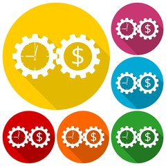 Time is money, Business gears concept icons set with long shadow