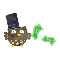 retro cartoon wealthy little owl with top hat