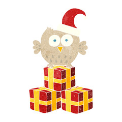 retro cartoon little owl wearing christmas hat