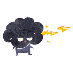 retro cartoon raincloud character shooting lightning