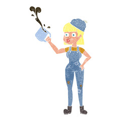 retro cartoon female worker with coffee mug