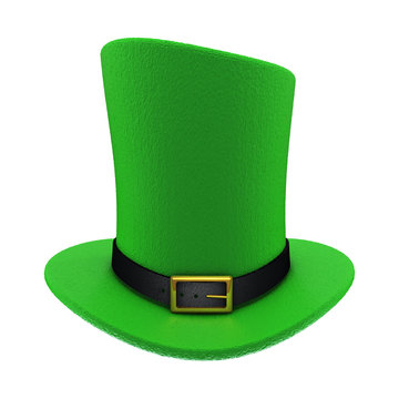 Green St. Patrick's Day top Hat with gold buckle. Isolated on white background.