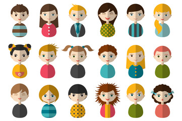 Big set of different avatars of children. Boys and girls on a white background. Minimalistic flat modern icon set portraits. Vector illustration