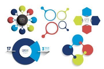 Circle infographic template. Round net diagram, graph, presentation, chart. Connected concept with 8 bubbles, options, steps, parts, text fields, processes. Blue vector design.