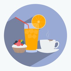 Juice glass. Cup of coffee with cake icon. Flat design. Long shadow. Vector illustration.
