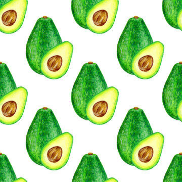 Avocado, half of avocado, avocado seed. Hand drawn watercolor painting isolated on white background. Vector pattern of fruit avocado.