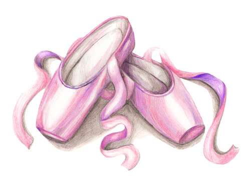 Hand-drawn ballet pointe shoes on white background