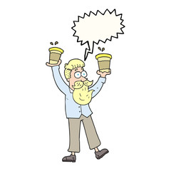 speech bubble cartoon man with coffee cups