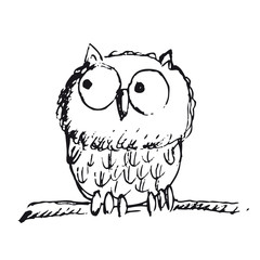 Fototapeta premium Eule auf einem Ast schaut skeptisch in die Gegend - Handzeichung, Tattoo